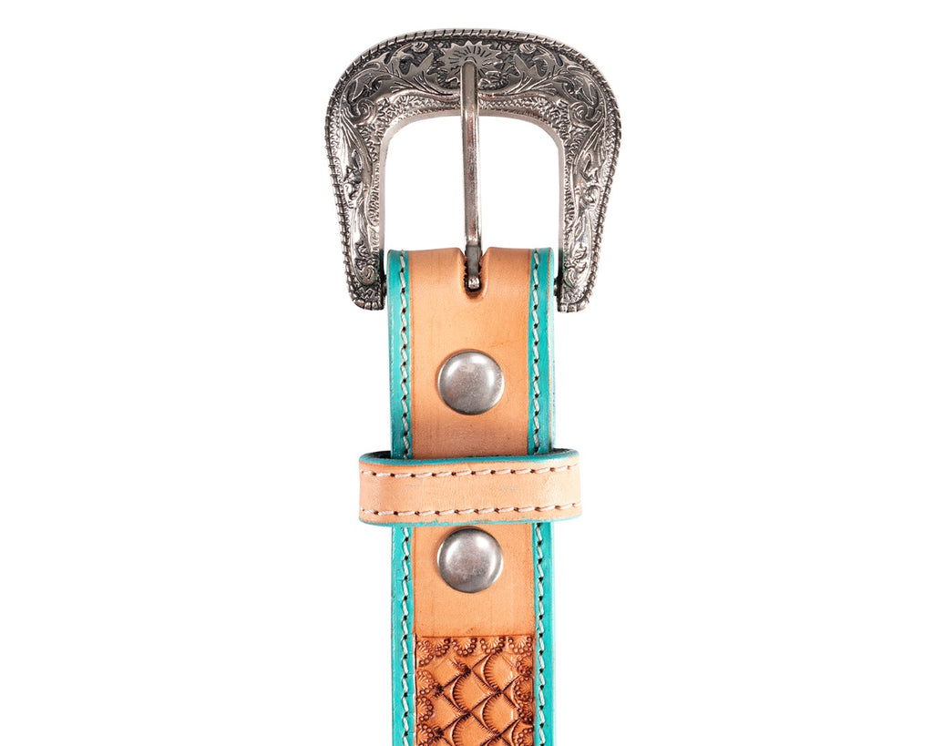 Fort Worth Turquoise Tooled Belt: Stunning Western-inspired accessory with intricate detailing. Strong yet supple with stainless steel hardware. Shop now at Greg Grant Saddlery.