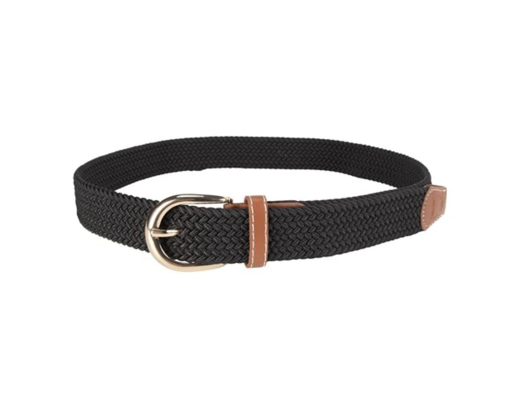  Huntington Braided Equestrian Belt, made from nylon stretch braid and features a brass buckle. It is 3cm wide and designed to be adjustable for a personalized fit. The braided design adds texture and visual interest to the belt