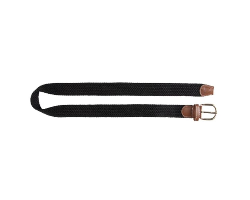  Huntington Braided Equestrian Belt, made from nylon stretch braid and features a brass buckle. It is 3cm wide and designed to be adjustable for a personalized fit. The braided design adds texture and visual interest to the belt