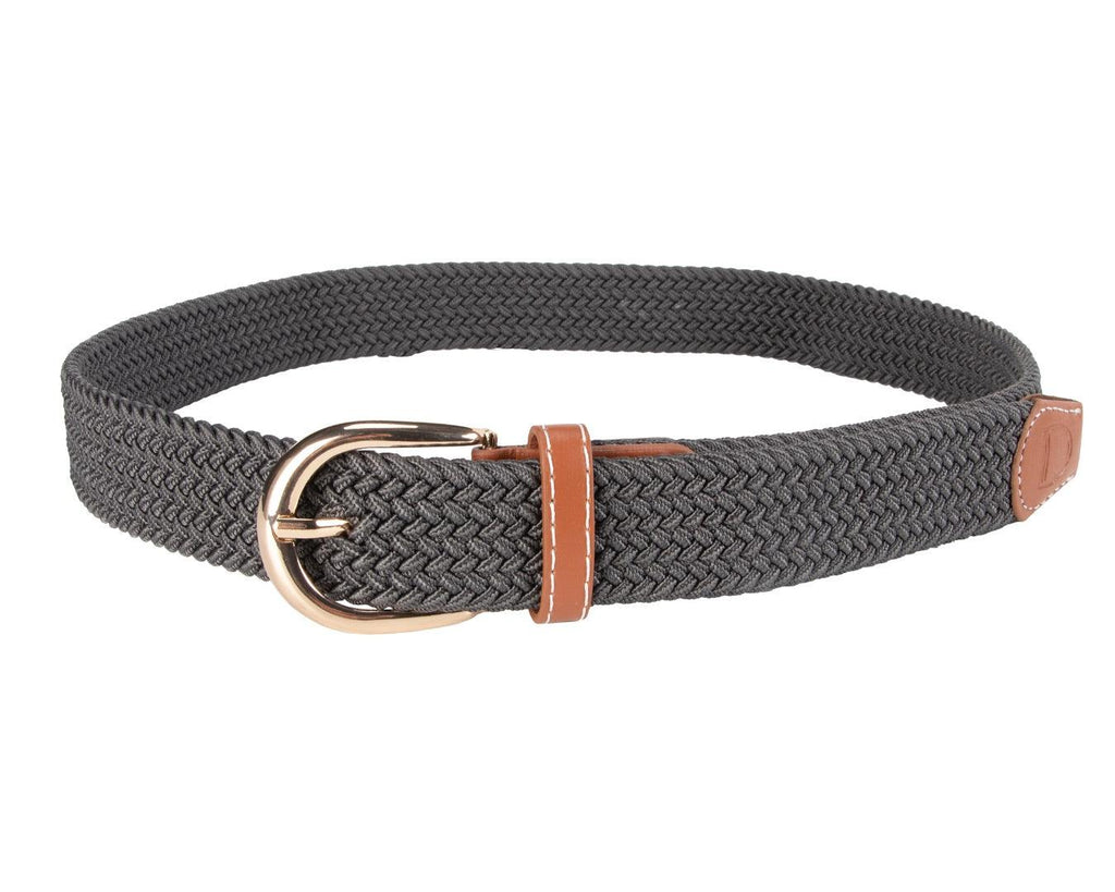  Huntington Braided Equestrian Belt, made from nylon stretch braid and features a brass buckle. It is 3cm wide and designed to be adjustable for a personalized fit. The braided design adds texture and visual interest to the belt