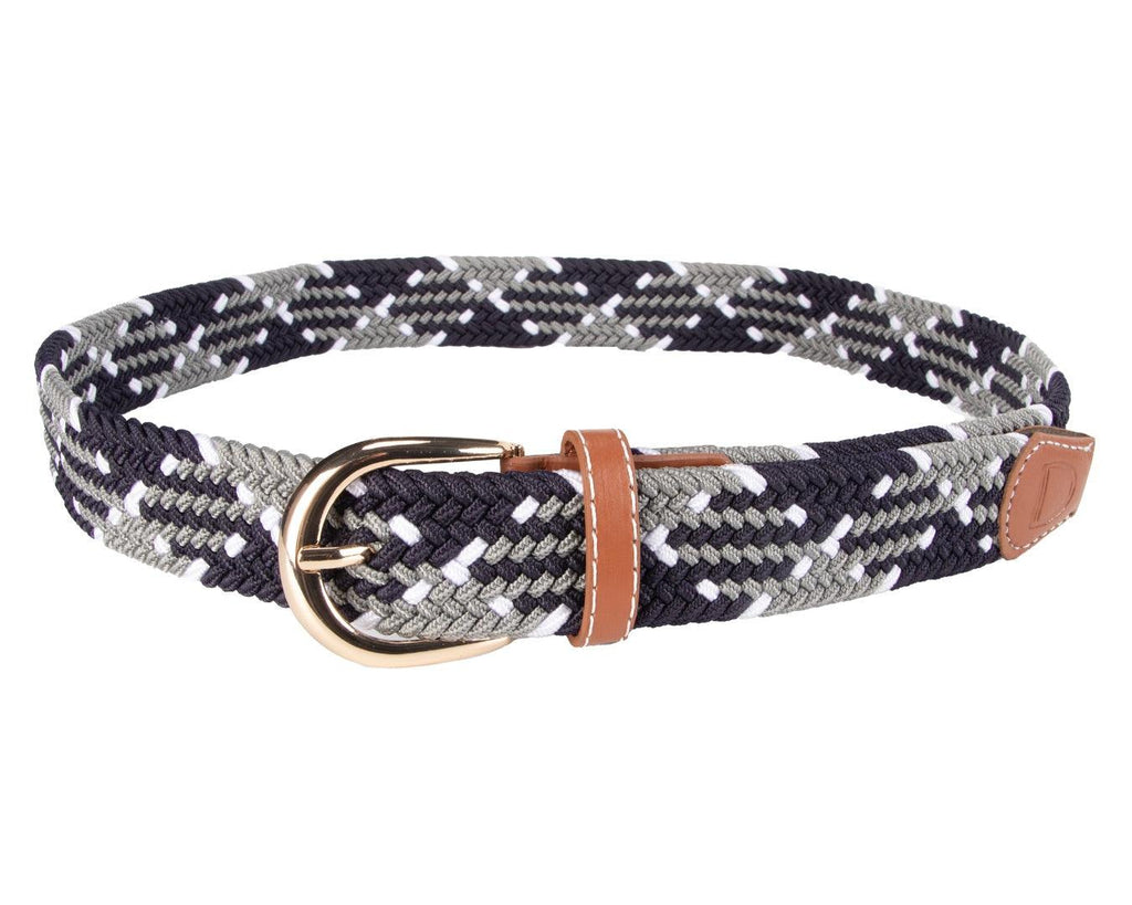  Huntington Braided Equestrian Belt, made from nylon stretch braid and features a brass buckle. It is 3cm wide and designed to be adjustable for a personalized fit. The braided design adds texture and visual interest to the belt