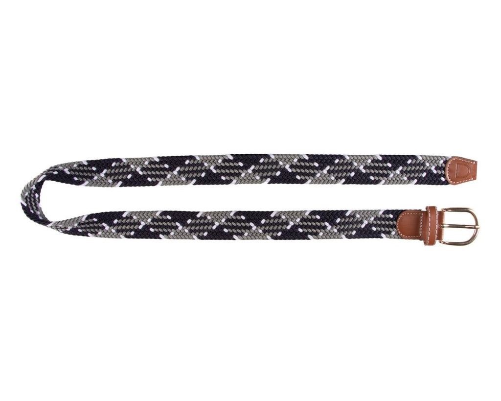  Huntington Braided Equestrian Belt, made from nylon stretch braid and features a brass buckle. It is 3cm wide and designed to be adjustable for a personalized fit. The braided design adds texture and visual interest to the belt