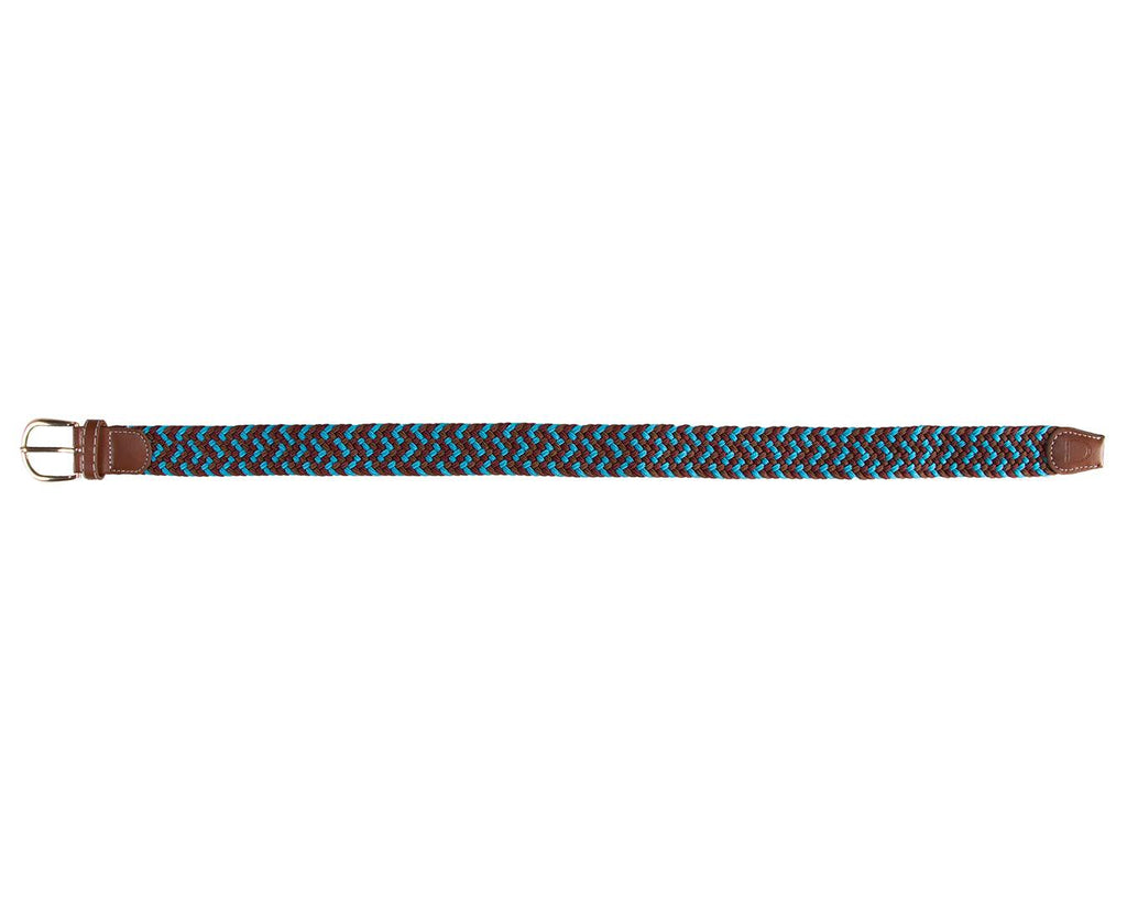  Huntington Braided Equestrian Belt, made from nylon stretch braid and features a brass buckle. It is 3cm wide and designed to be adjustable for a personalized fit. The braided design adds texture and visual interest to the belt