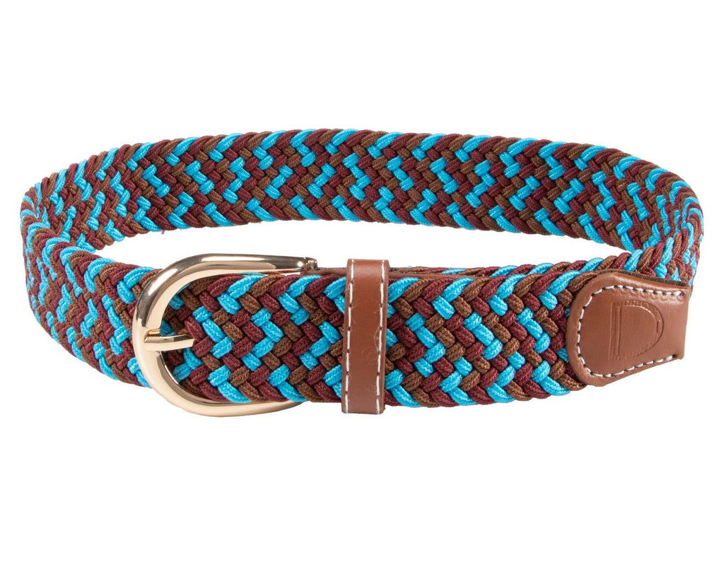  Huntington Braided Equestrian Belt, made from nylon stretch braid and features a brass buckle. It is 3cm wide and designed to be adjustable for a personalized fit. The braided design adds texture and visual interest to the belt