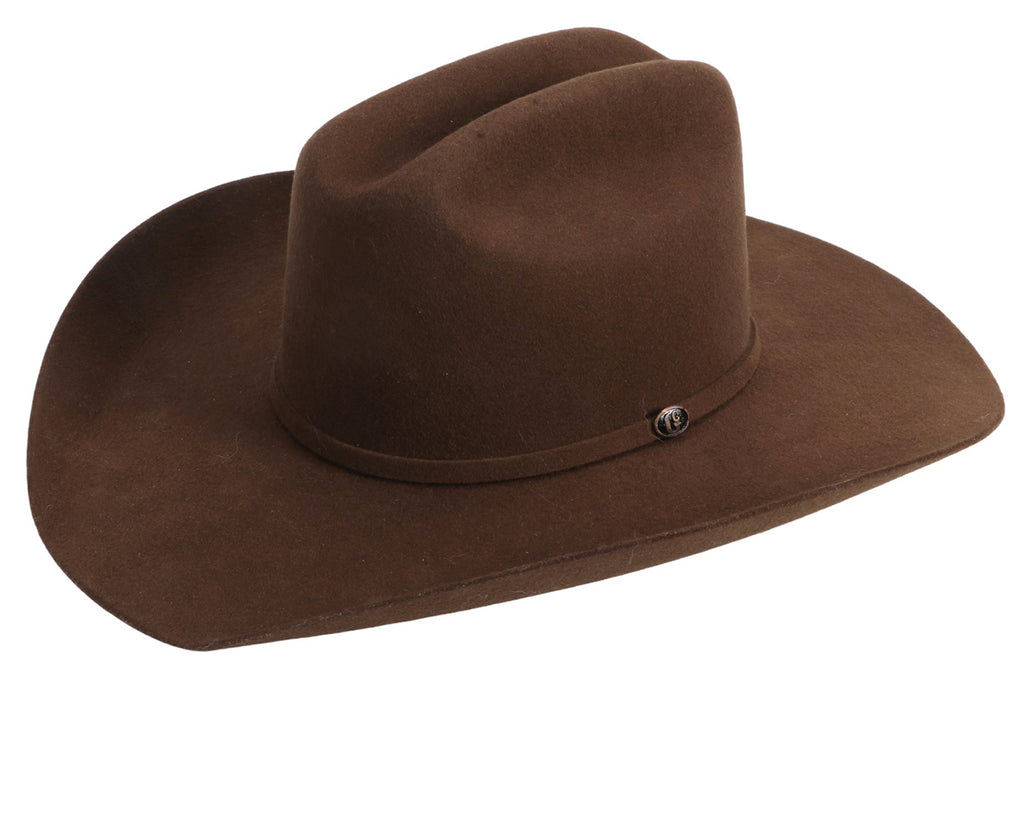 Gone Country Hats - Yellowstone Cowboy Hat: A close-up image of a premium blend cowboy hat in a light color. The hat features a Cattleman crown, a traditional brim with a finely sanded raw edge, and an embossed sweatband. The hat is adorned with a matching cashmere band.