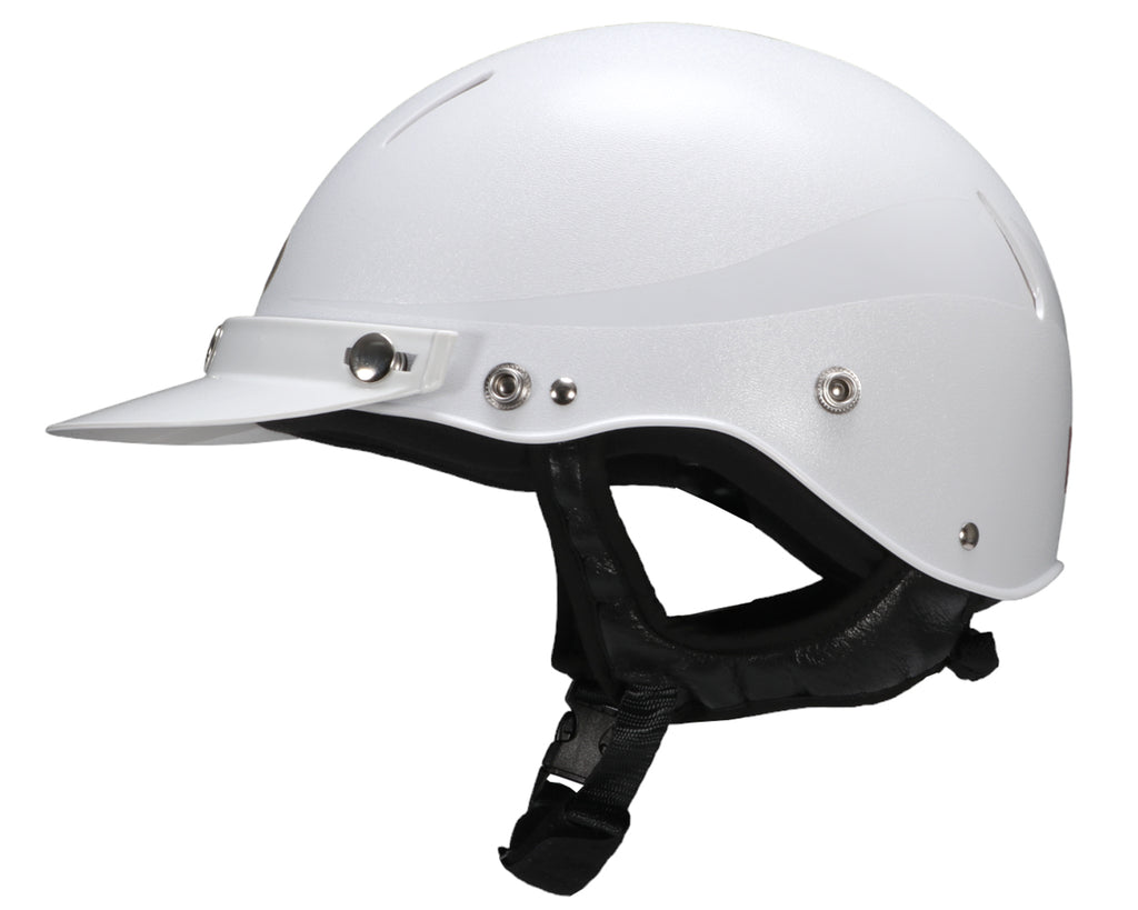 New Derby Polocrosse Helmet - features removable peak, deluxe full black deer/doe leather harness and sleeve, flocked inner and flow-through ventilation