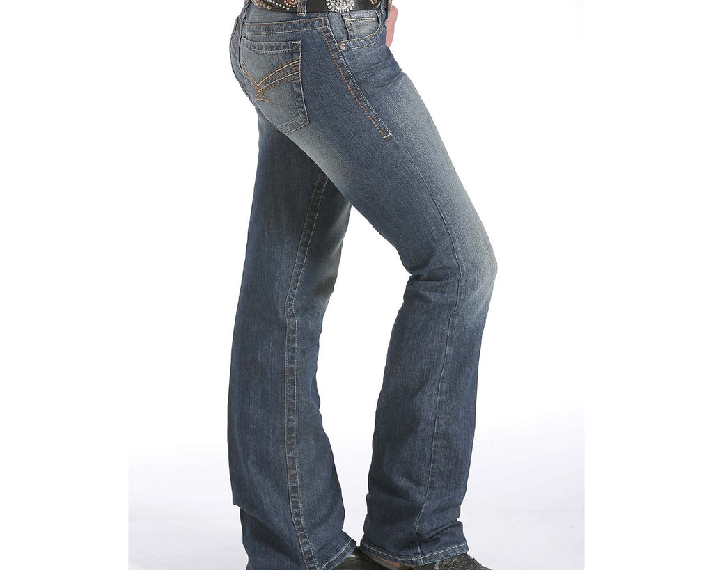 The Ada jean is styled with a mid-rise, relaxed fit, and timeless, mainstream fashion finish. The back pockets, in the signature stitch, are patterned in a chevron-inspired style.