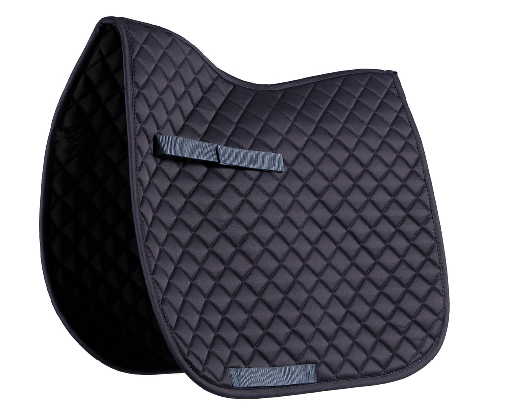 A luxuriously soft and cushioned saddle pad designed for dressage or flat work. This English-style saddle pad enhances comfort by cushioning movement and distributing the rider's weight on the saddle. It measures 57cm long with a 55cm drop, making it suitable for full-size horses. Perfect for keeping your horse's back healthy and comfortable during riding sessions.