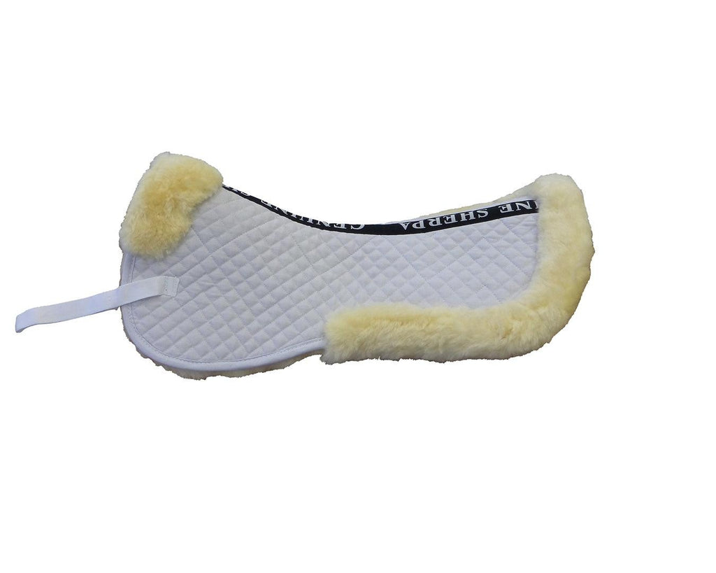 STC Sheepskin Half Numnah: Genuine Sherpa fleece half numnah for horseback riding. Offers breathability, pressure relief, and moisture absorption. Regulates temperature for a comfortable ride. Durable and long-lasting. Measures 60cm length with a 30cm drop. Shop at Greg Grant Saddlery.