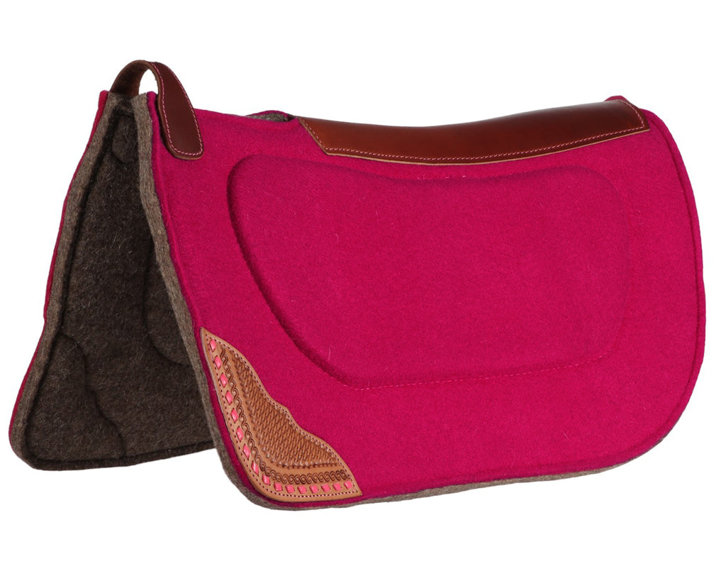  Fort Worth Felt Barrel Saddle Pad With Contoured Built Up - A stylish and functional pad featuring vibrant hot pink felt, contoured spine, wither relief, and tooled leather accents. Provides secure fit, shock absorption, and sweat absorption for a comfortable ride