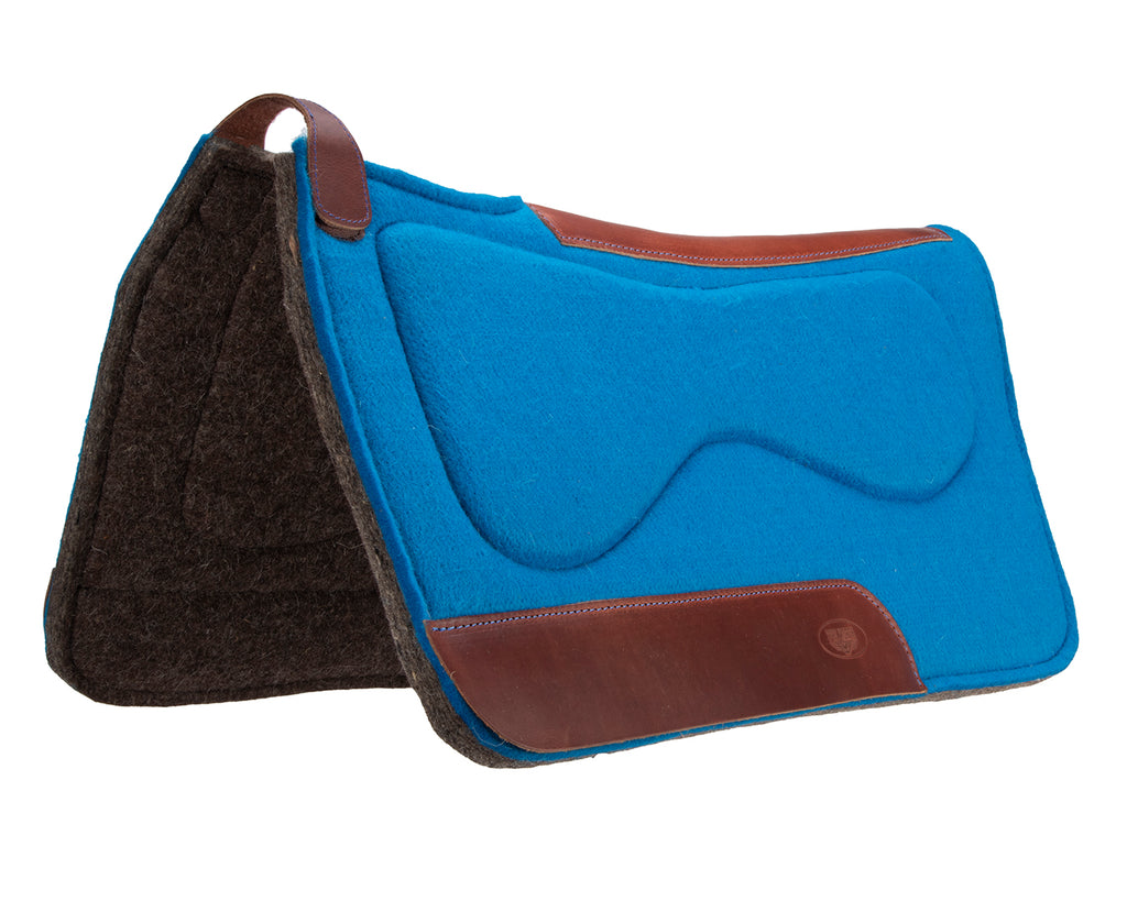 Dazzling Western-style saddle pad with contoured spine, wither relief, thick felt pad for reduced slipping and sliding. Features shock absorption, secure fit, beautiful wear leathers, and sweat absorption for a comfortable ride.