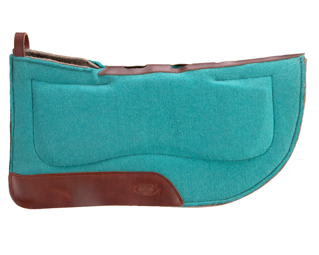 Western-style saddle pad with contoured spine, wither relief, thick felt pad for reduced slipping and sliding. Features shock absorption, secure fit, wear leathers with extra padding, and sweat absorption for a comfortable ride.
