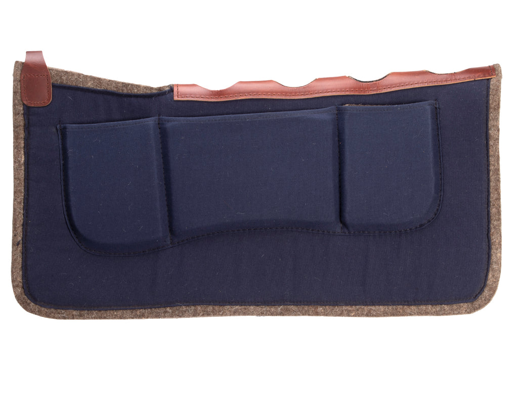 Navy canvas shim pad with contoured design, wither relief notch, and spine leathers. Made from durable cotton and high-density premium wool felt for pressure relief and shock absorption. Improves saddle fit and enhances riding experience