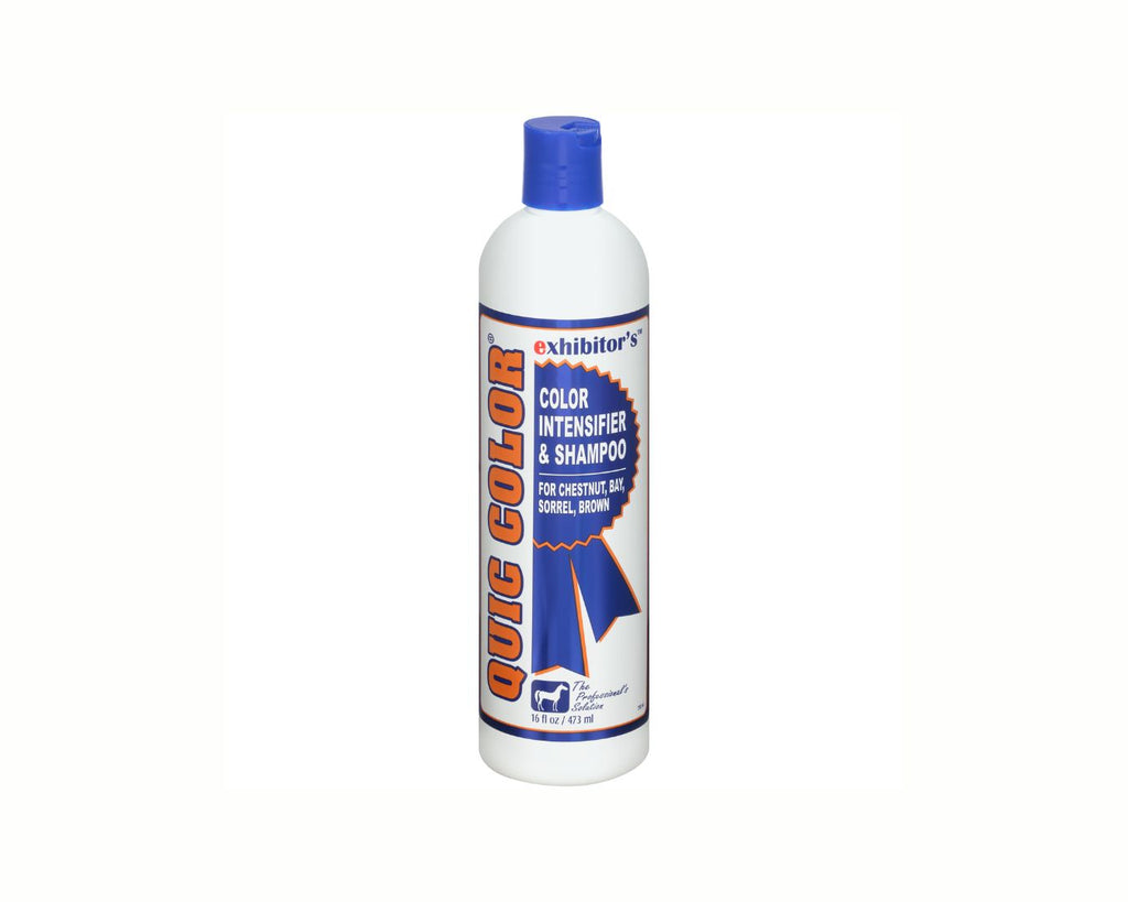 Exhibitor Labs Quic Color Shampoo - A bottle of color-enhancing shampoo for chestnuts, sorrels, bays, and browns. Provides vibrant color and shine. Stain remover without harsh chemicals. Available at a great value.