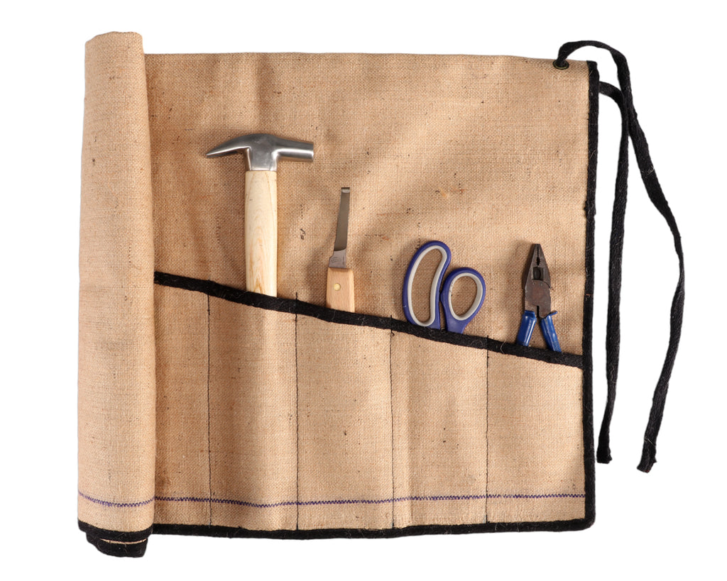 Jute Canvas Farrier's Tool Roll showing farrier's tools in some of the 7 individual pockets (tools not included)