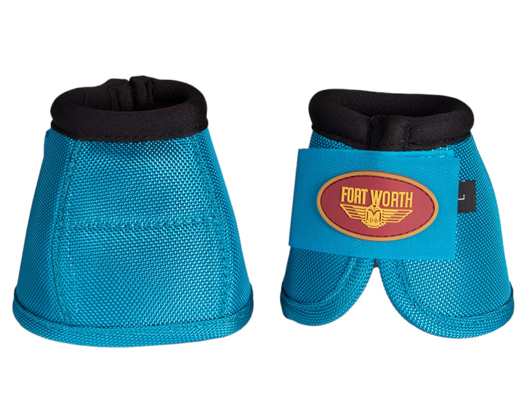 Fort Worth Ballistic No-Turn Bell Boots - in Turquoise ideal to shield your horse from those nasty self-inflicted hoof strikes — some large-stride horses overreach and clip their heel bulbs with their back hoofs