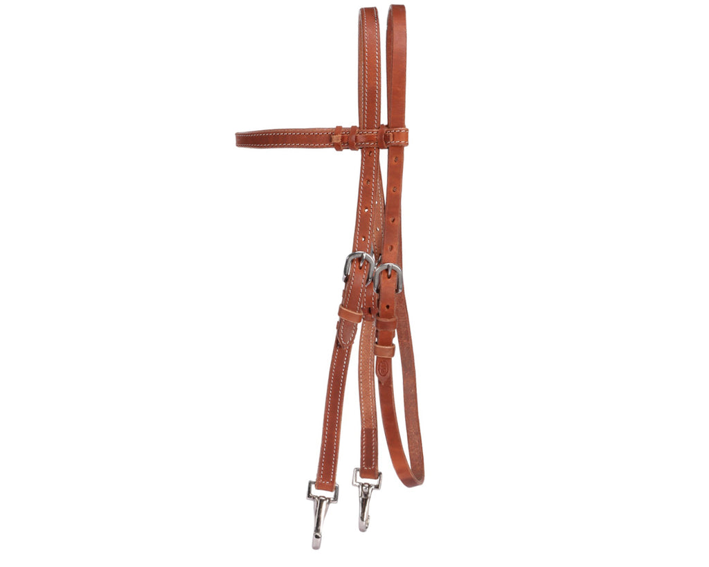 Fort Worth Guy McLean Headstall with Snap Bit Ends. Hermann Oak Premium Leather headstall with snap bit ends. Stainless steel hardware for durability.