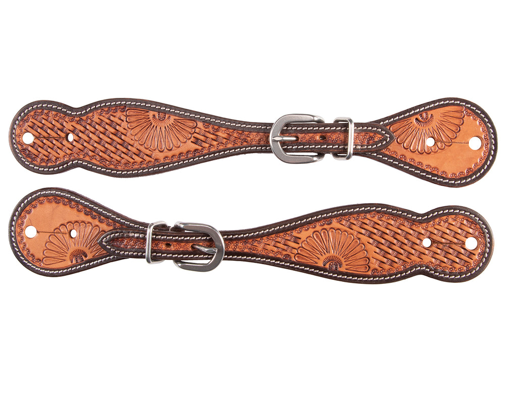 Classic and understated, these tooled leather straps with a lovely basketweave pattern shape snugly to your boots. 