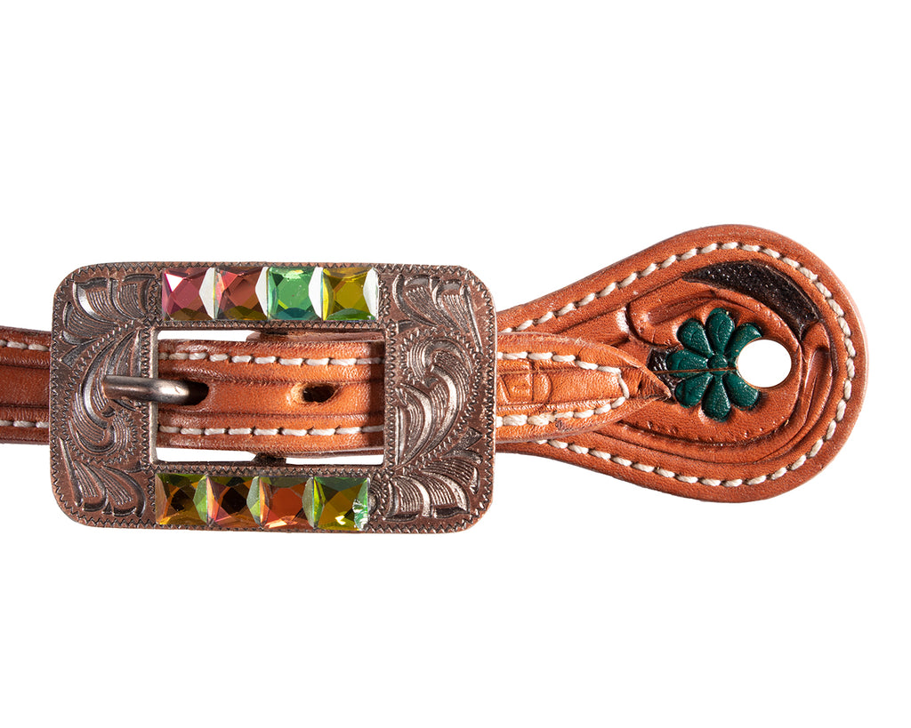 Handcrafted Cheyenne collection showcasing sophistication and style. Genuine leather adorned with yellow feathers, turquoise flowers, and jewelled buckles. Superior attention to detail, stainless steel hardware, and painted Native American Cheyenne design.