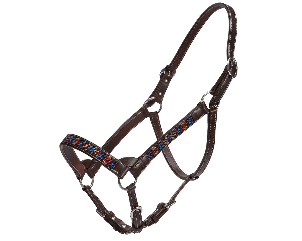 Fort Worth Leather Beaded Halter: Stunning halter with intricate beadwork. Crafted from premium American leather. Shop now at Greg Grant Saddlery for high-quality horse tack