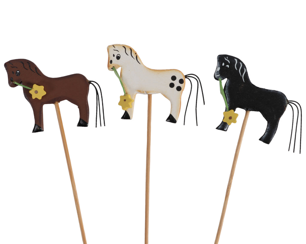 Happy Ross Wooden Horse Decorations - Charming set of 3 wooden sticks in different colors for equestrian-inspired decoration. Perfect for gifts, flower bouquets, and flowerpots. Shop at Greg Grant Saddlery.