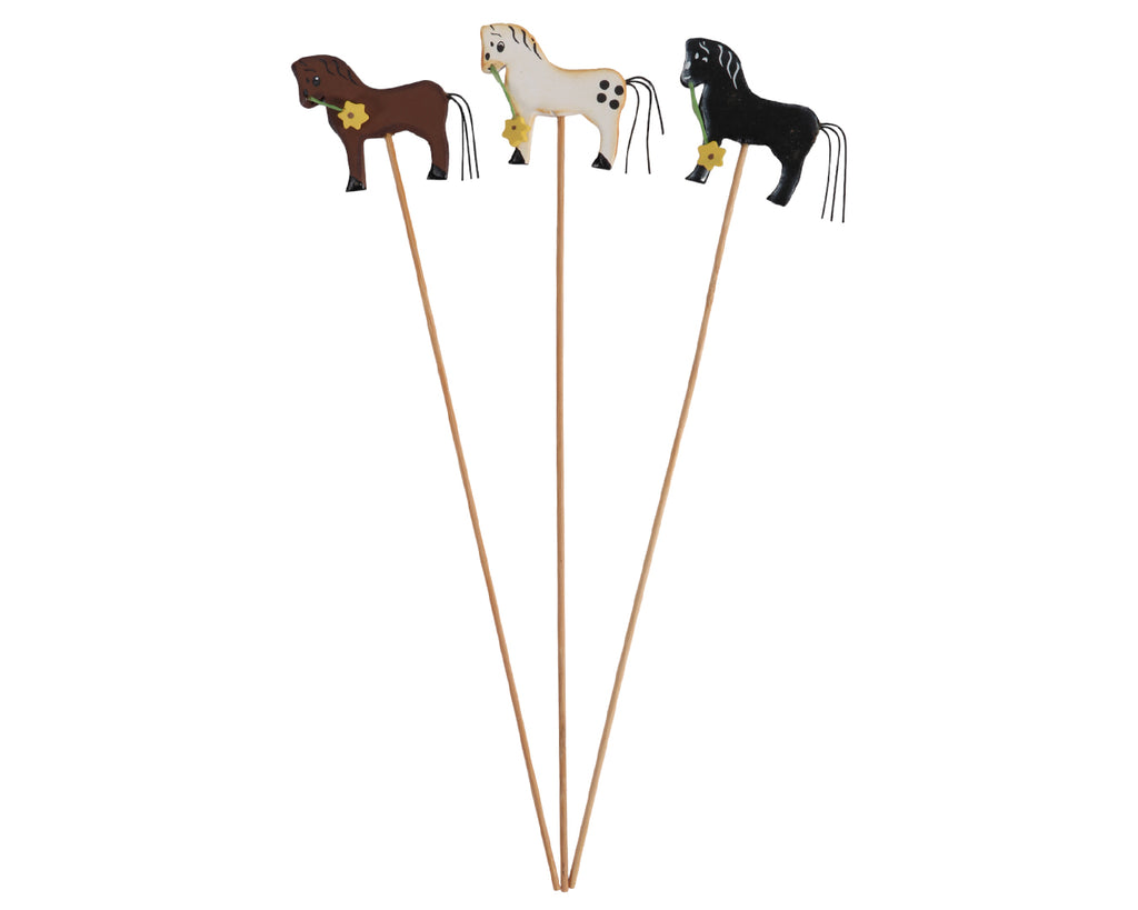 Happy Ross Wooden Horse Decorations - Charming set of 3 wooden sticks in different colors for equestrian-inspired decoration. Perfect for gifts, flower bouquets, and flowerpots. Shop at Greg Grant Saddlery.