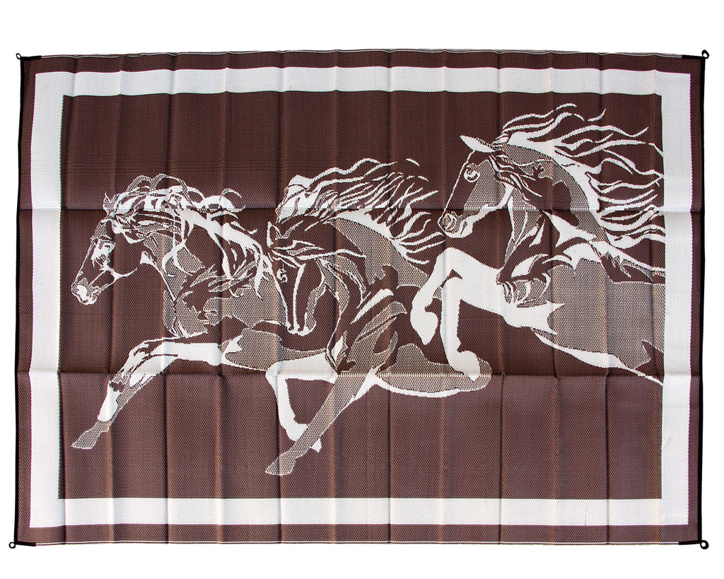 The Reversible Outdoor Floor Mat features a horse-themed design and is made of 100% polypropylene tubing weave. It is reversible, durable, stain-resistant, and mildew-resistant. The mat measures 2.7m x 3.6m and comes with a carrying bag for easy transport and storage.