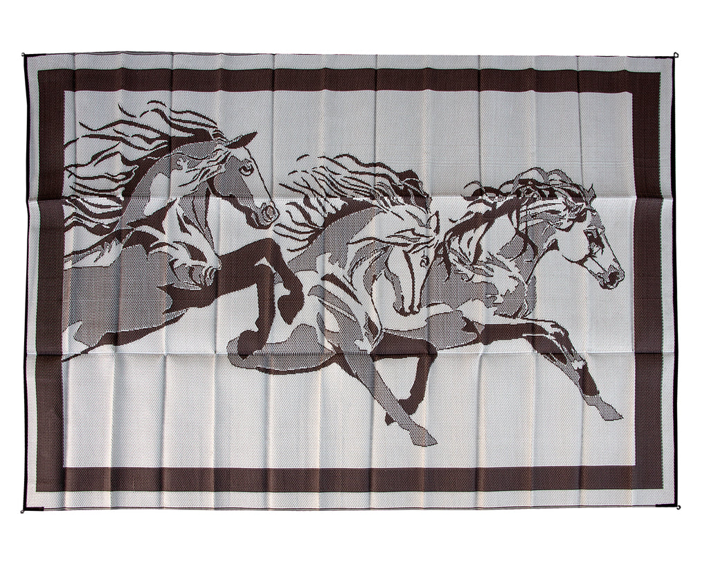 The Reversible Outdoor Floor Mat features a horse-themed design and is made of 100% polypropylene tubing weave. It is reversible, durable, stain-resistant, and mildew-resistant. The mat measures 2.7m x 3.6m and comes with a carrying bag for easy transport and storage.