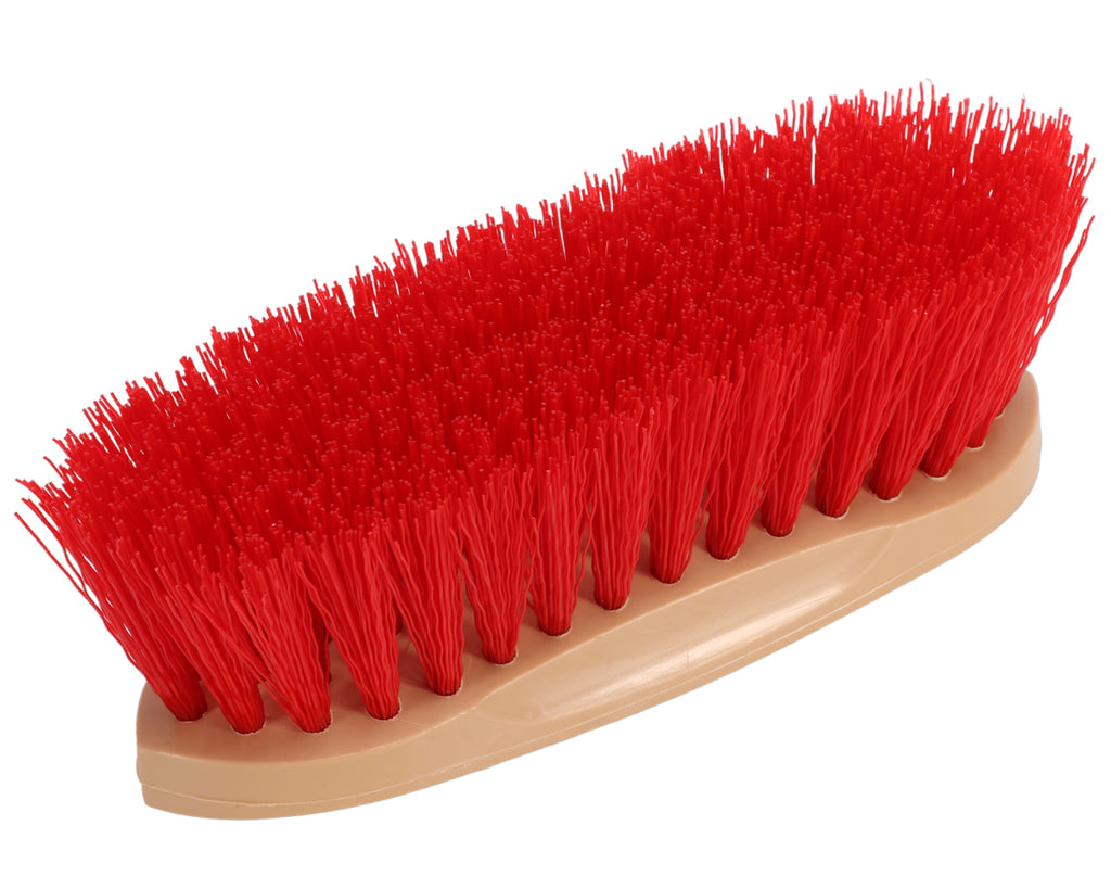 Grip-Fit Dandy Brush for grooming horses, image shows red bristles from underside