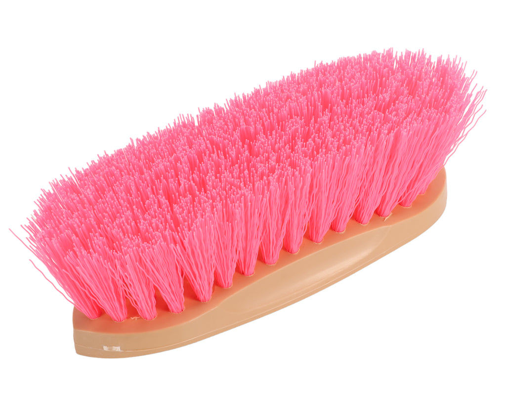 Grip-Fit Dandy Brush for grooming horses, images shows pink bristles from underside of brush