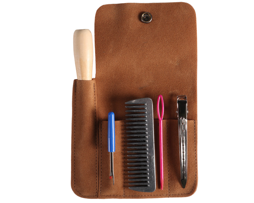 Mini Mane Braiding Kit for horses and ponies - with rug hook, hair clip, seam ripper and 100mm aluminum mane comb in button down pouch