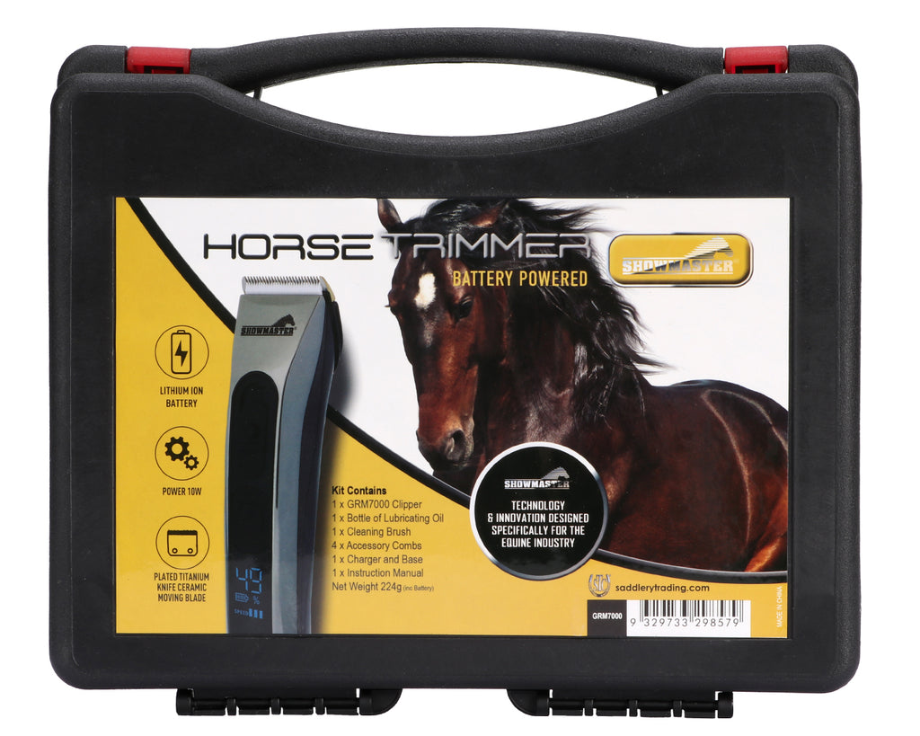 Showmaster Cordless Horse Clippers: Battery-operated clippers with ceramic moving blade. LED power display. Run time 180+ minutes. Includes accessories. Size: 80mm x 80mm x 315mm.