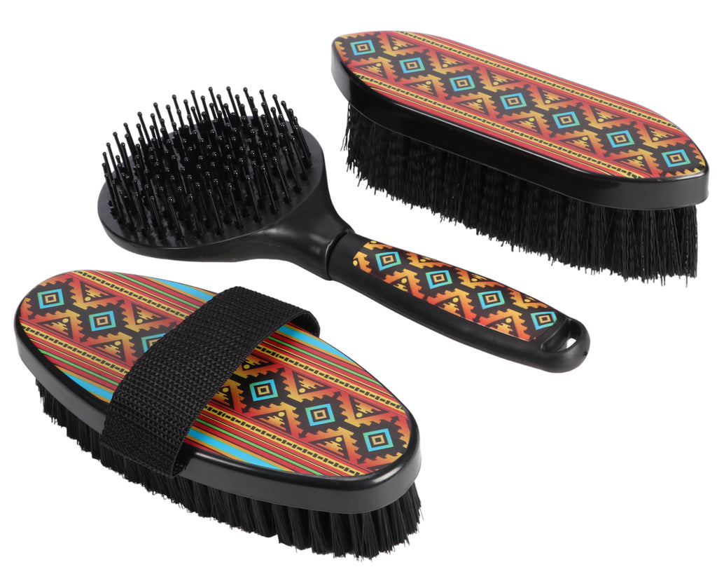 Fort Worth Aztec Nicoma Grooming Kit showing body brush, dandy brush, main & tail brush for top quality grooming of your horse or pony