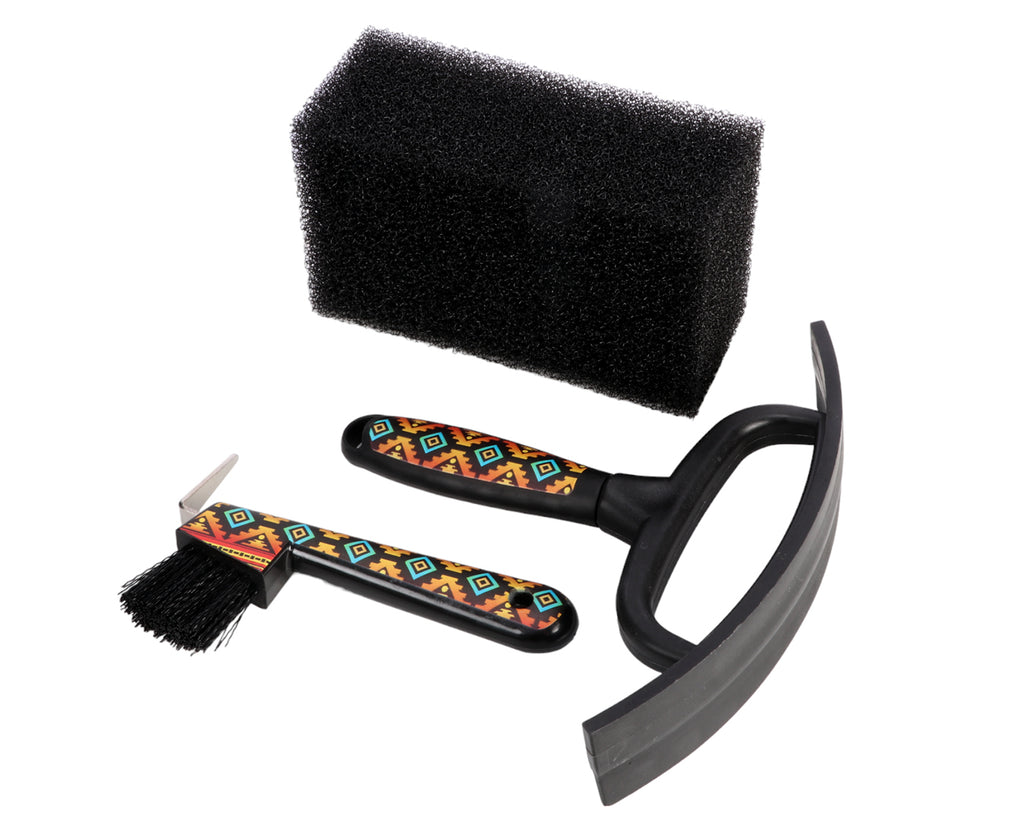 Fort Worth Aztec Nicoma Grooming Kit showing sponge, sweat scraper, and hoof pick perfect for all grooming needs of your horse or pony