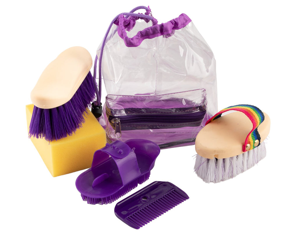 Happy Horse Grooming Kit Kids - A complete grooming kit for kids, including a body brush, dandy brush, comb, plastic curry comb, and wash down sponge. Shop at Greg Grant Saddlery Outlet for the best prices on everyday essentials.