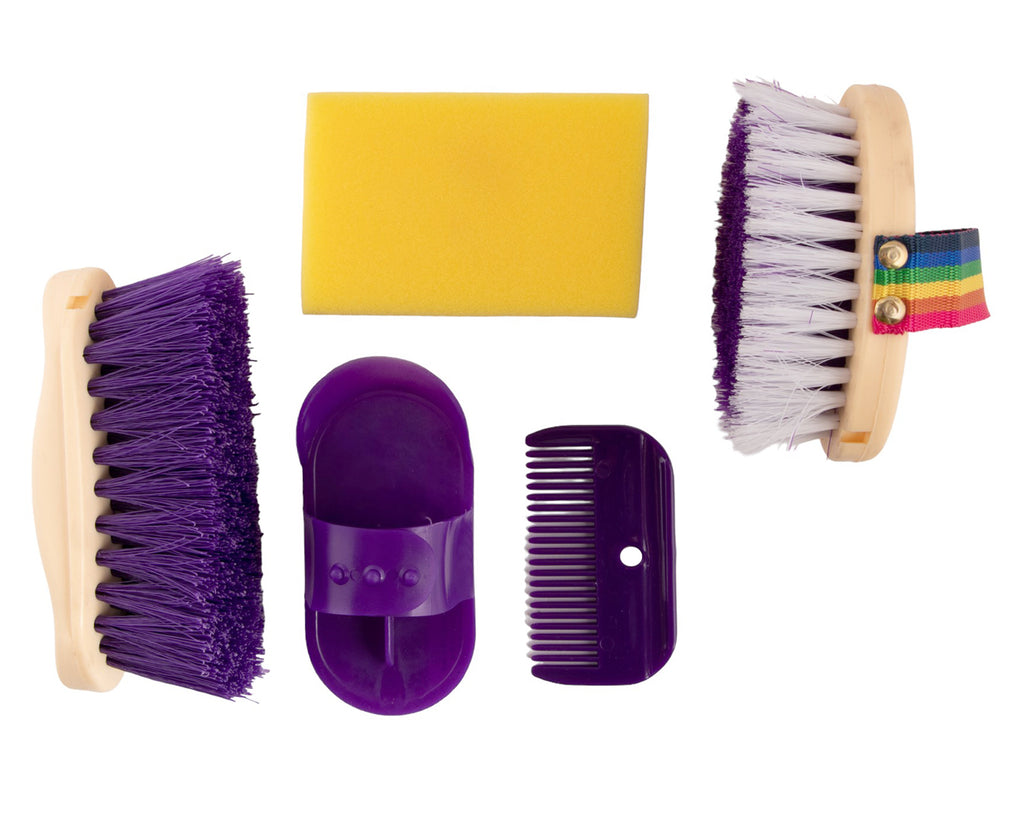 Happy Horse Grooming Kit Kids - A complete grooming kit for kids, including a body brush, dandy brush, comb, plastic curry comb, and wash down sponge. Shop at Greg Grant Saddlery Outlet for the best prices on everyday essentials.