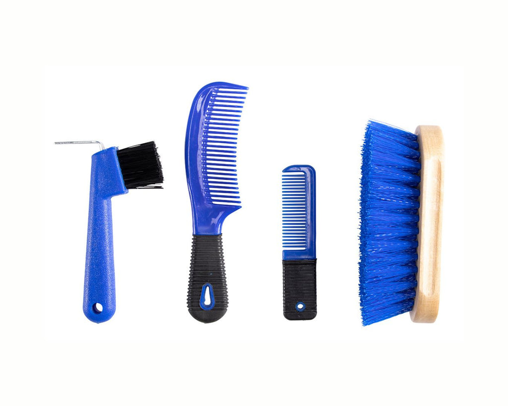  Conrad Super Grooming Kit - A comprehensive grooming kit for horses, including a body brush, dandy brush, massage curry comb, mane comb, mane pulling comb, hoof pick with brush, sponge, and sweat scraper. Shop at Greg Grant Saddlery Outlet for the best prices on everyday essentials.
