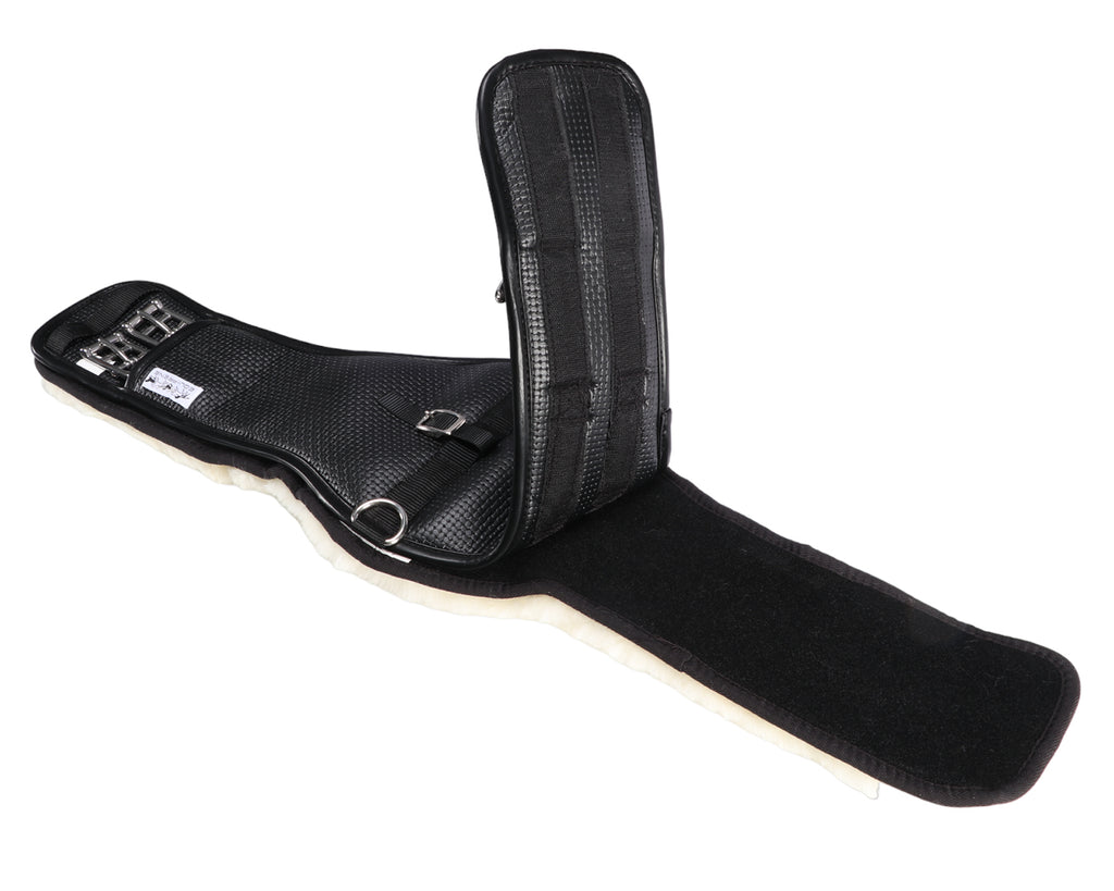 Picture showing inside of Equi-Prene Pressure Eze Dressage Girth with sheepskin lining, comes in black and is perfect for dressage competitors