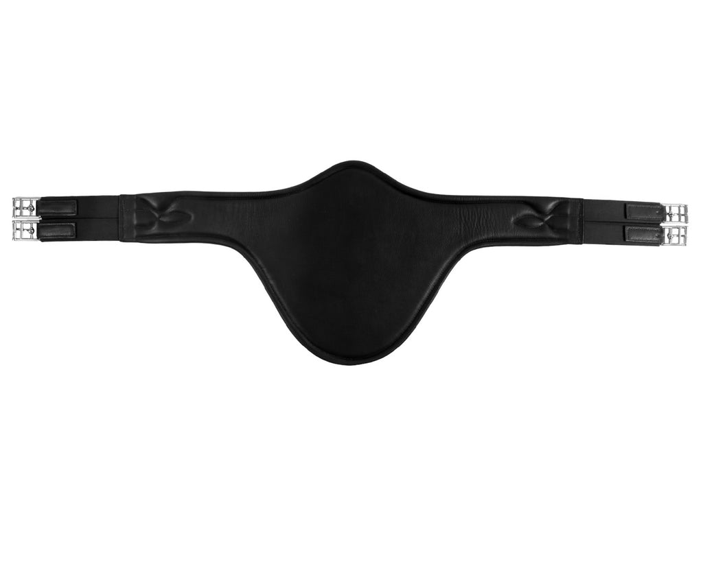  A close-up image of the Stud Guard Girth Comfort. It is made of soft padded leather with strong elastic ends. The girth features NDM cow sorting padding, leather with matching stitching, and 38mm heavy-duty elastic. It is designed for durability with top-quality leather and stainless steel buckles. The girth provides optimal protection and comfort for horses during jumping sessions. It has a center D ring for attaching breastplates and ensures a secure fit with its strong elastic ends. 