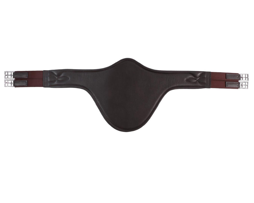 A close-up image of the Stud Guard Girth Comfort. It is made of soft padded leather with strong elastic ends. The girth features NDM cow sorting padding, leather with matching stitching, and 38mm heavy-duty elastic. It is designed for durability with top-quality leather and stainless steel buckles. The girth provides optimal protection and comfort for horses during jumping sessions. It has a center D ring for attaching breastplates and ensures a secure fit with its strong elastic ends. 