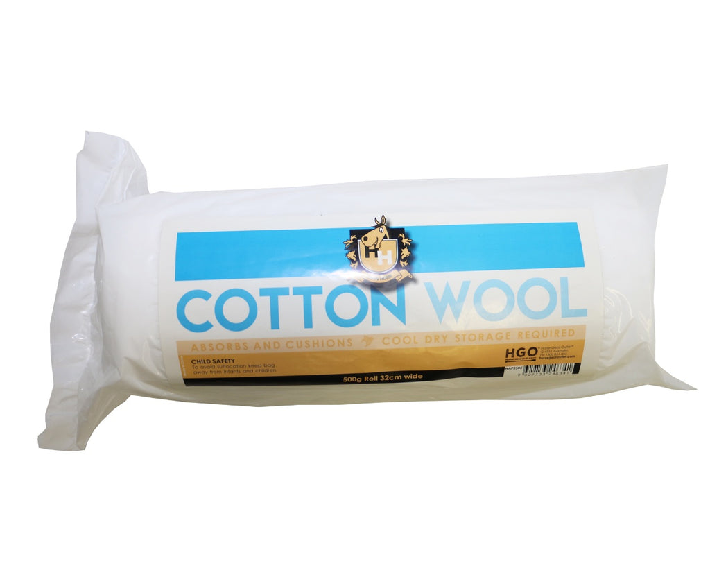 Happy Horse Cotton Wool Roll 500G: High-quality absorbent and cushioning cotton wool for veterinary applications. Shop now at Greg Grant Saddlery for budget-friendly equine products.