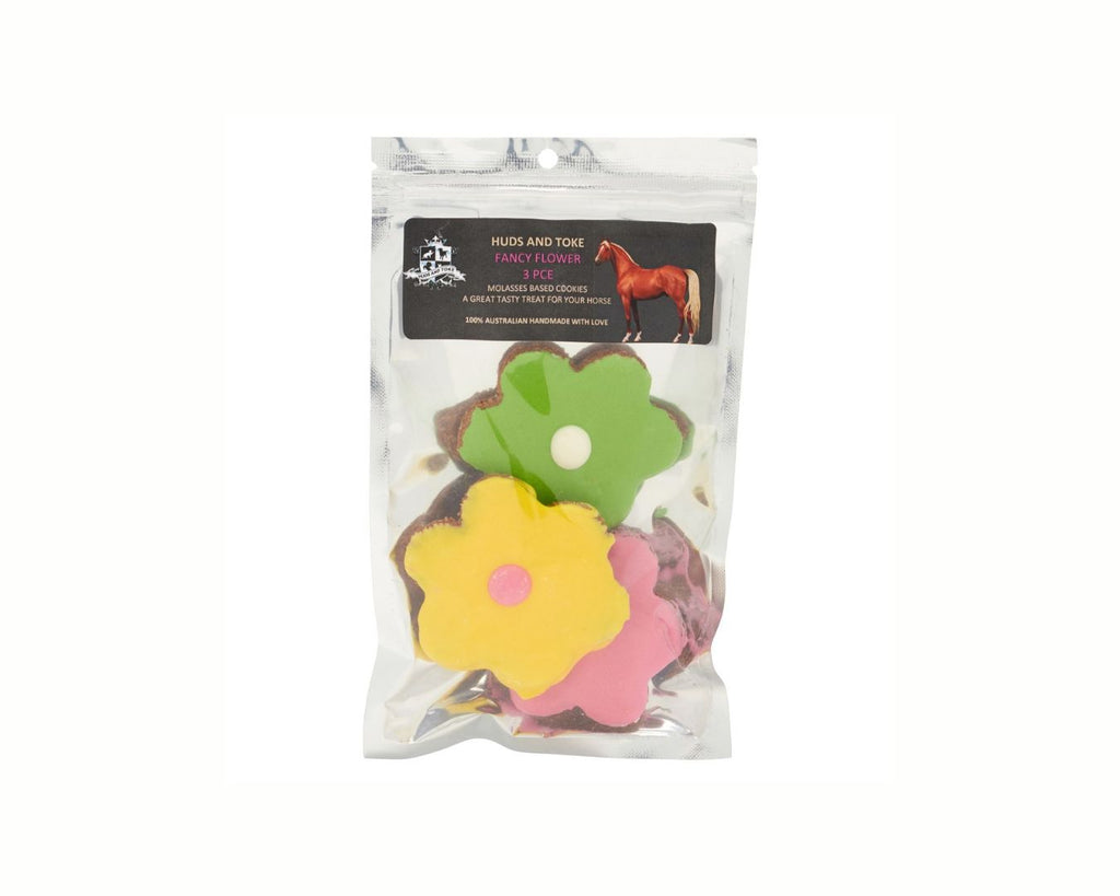 Happy Horse Training Treats - Flower Shape Cookies: Handmade and decorated flower-shaped horse treats. Sold in a pack of 3. Shop now at Greg Grant Saddlery Outlet for unbeatable deals on equestrian essentials.