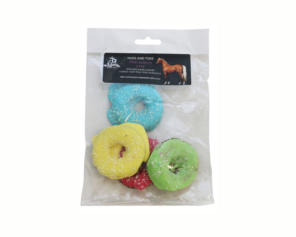 Happy Horse Training Treats - Pony Donuts: Handmade donut-shaped horse treats with decorative toppings. Sold in a pack of 4.