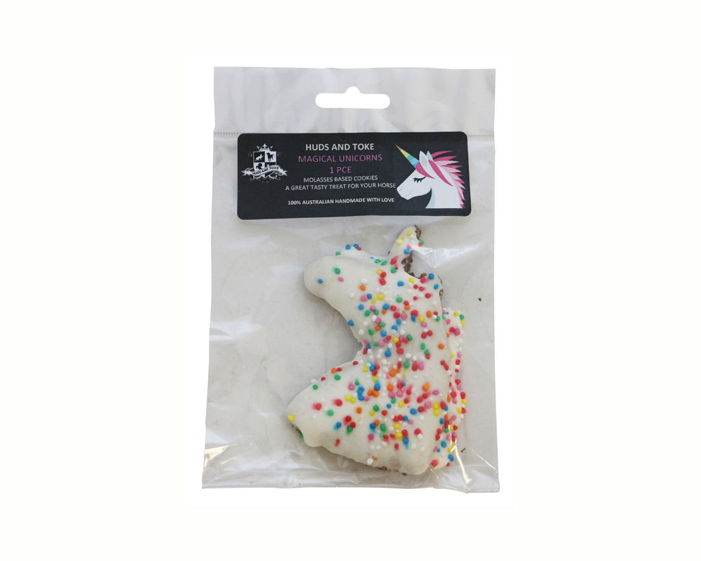 Happy Horse Training Treats Unicorn Cookies - Handmade and decorated unicorn-shaped cookies. Perfect for horse training and rewarding. Ingredients: Whole Wheat Flour, Oats, Molasses, Apple Cider Vinegar, Salt, Tapioca Flour, Sugar & Colouring. Pack of 3.