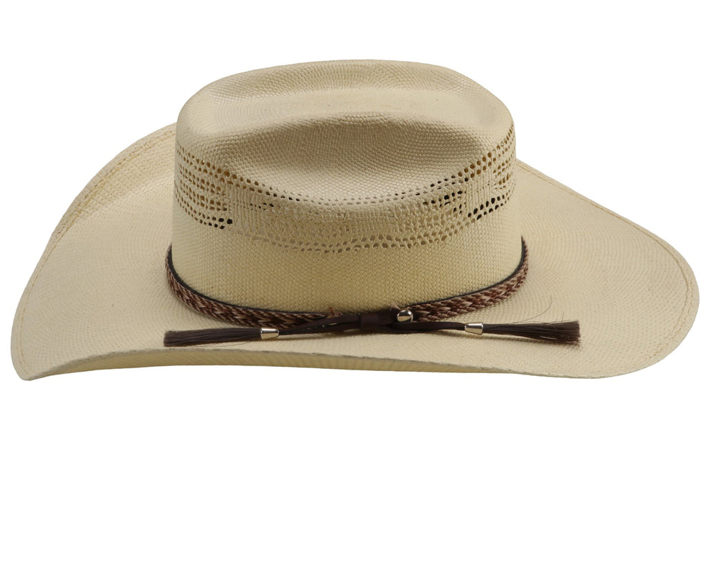 Traditional Rodeo-Style Straw Cowboy Hat: A close-up image of a men's straw cowboy hat with a 4-inch crown and brim. The hat has a lived-in appearance with light reddish-brown washing, distressed details, and dirt-splattered effects. The soft sweatband ensures a comfortable fit. Perfect for achieving a rugged cowboy look. Available at Greg Grant Saddlery.