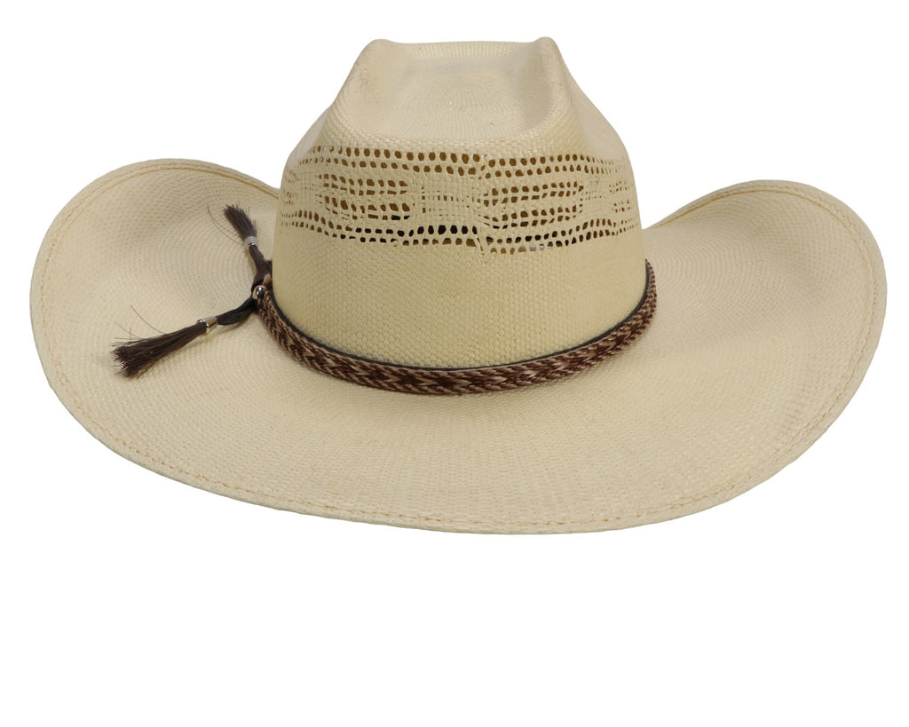 Traditional Rodeo-Style Straw Cowboy Hat: A close-up image of a men's straw cowboy hat with a 4-inch crown and brim. The hat has a lived-in appearance with light reddish-brown washing, distressed details, and dirt-splattered effects. The soft sweatband ensures a comfortable fit. Perfect for achieving a rugged cowboy look. Available at Greg Grant Saddlery.
