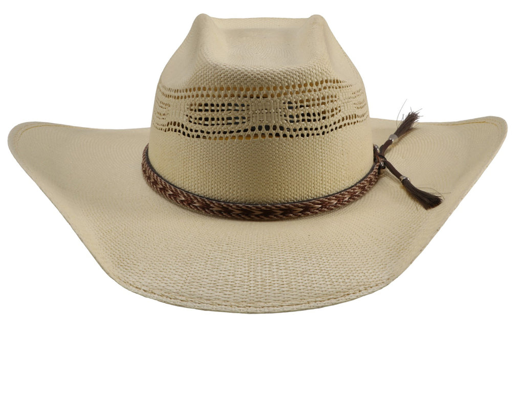 Traditional Rodeo-Style Straw Cowboy Hat: A close-up image of a men's straw cowboy hat with a 4-inch crown and brim. The hat has a lived-in appearance with light reddish-brown washing, distressed details, and dirt-splattered effects. The soft sweatband ensures a comfortable fit. Perfect for achieving a rugged cowboy look. Available at Greg Grant Saddlery.