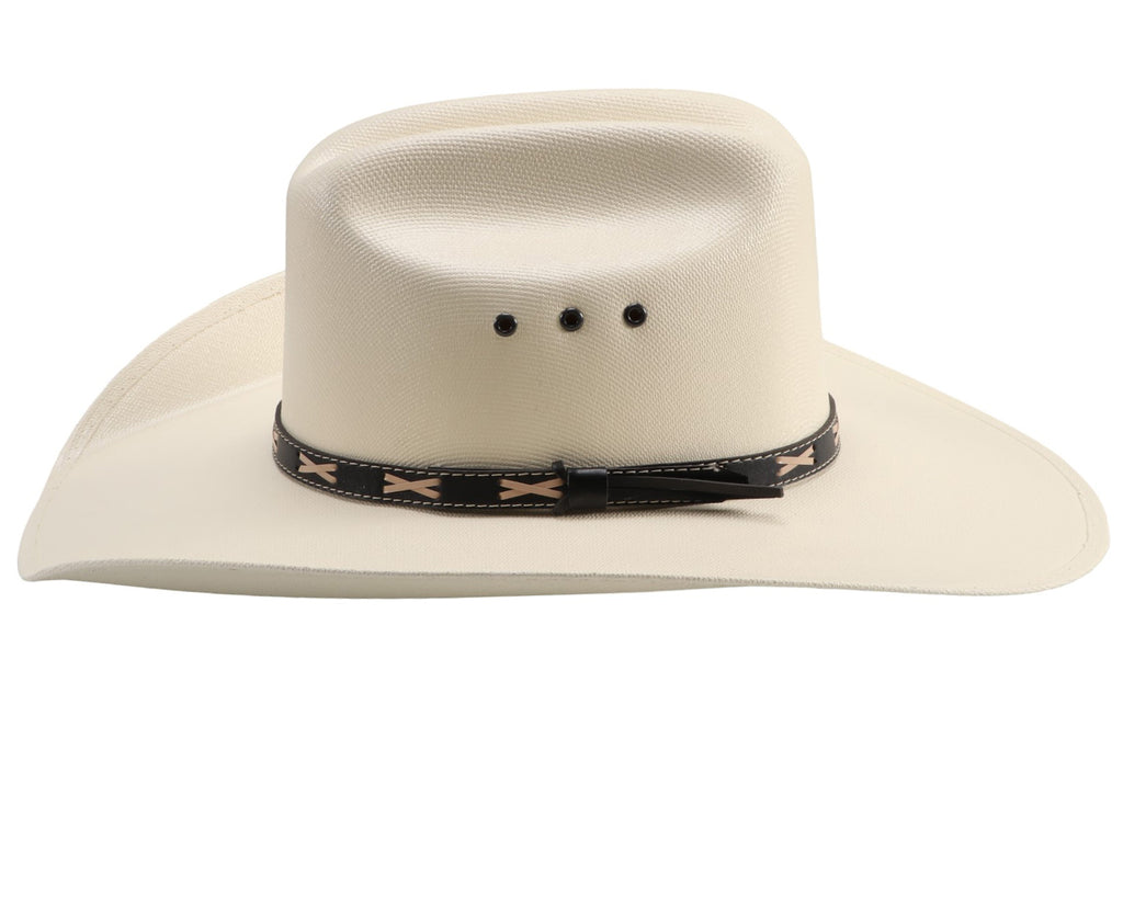 Gone Country Hats - Brad Bangora Straw Hat: A close-up image of a traditional cowboy hat with a 4-inch brim. The hat is made of straw material and has a painted canvas surface. It is designed for easy cleaning and maintenance. Ideal for oval or long oval head shapes. Perfect for outdoor work or as a stylish country music cowboy hat. Available at Greg Grant Saddlery.