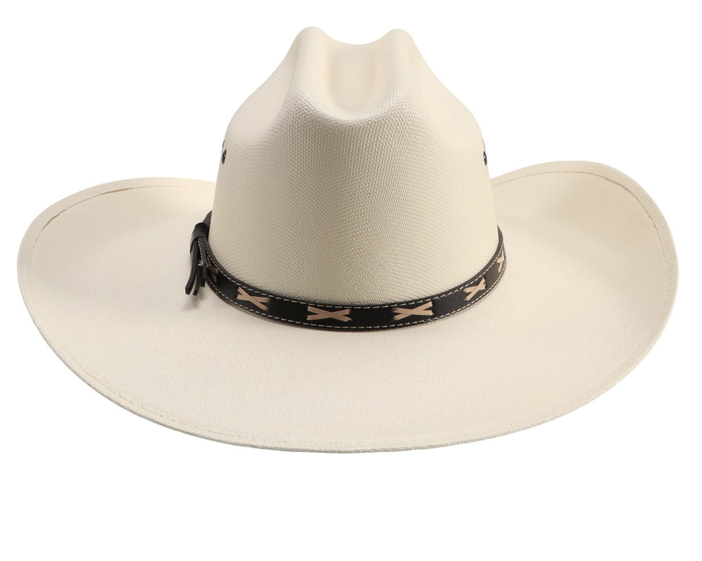 Gone Country Hats - Brad Bangora Straw Hat: A close-up image of a traditional cowboy hat with a 4-inch brim. The hat is made of straw material and has a painted canvas surface. It is designed for easy cleaning and maintenance. Ideal for oval or long oval head shapes. Perfect for outdoor work or as a stylish country music cowboy hat. Available at Greg Grant Saddlery.