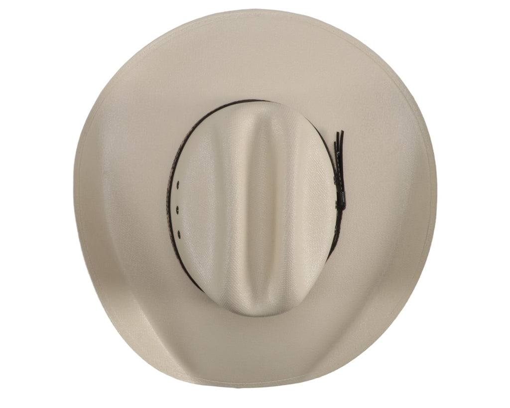 Gone Country Hats - Brad Bangora Straw Hat: A close-up image of a traditional cowboy hat with a 4-inch brim. The hat is made of straw material and has a painted canvas surface. It is designed for easy cleaning and maintenance. Ideal for oval or long oval head shapes. Perfect for outdoor work or as a stylish country music cowboy hat. Available at Greg Grant Saddlery.